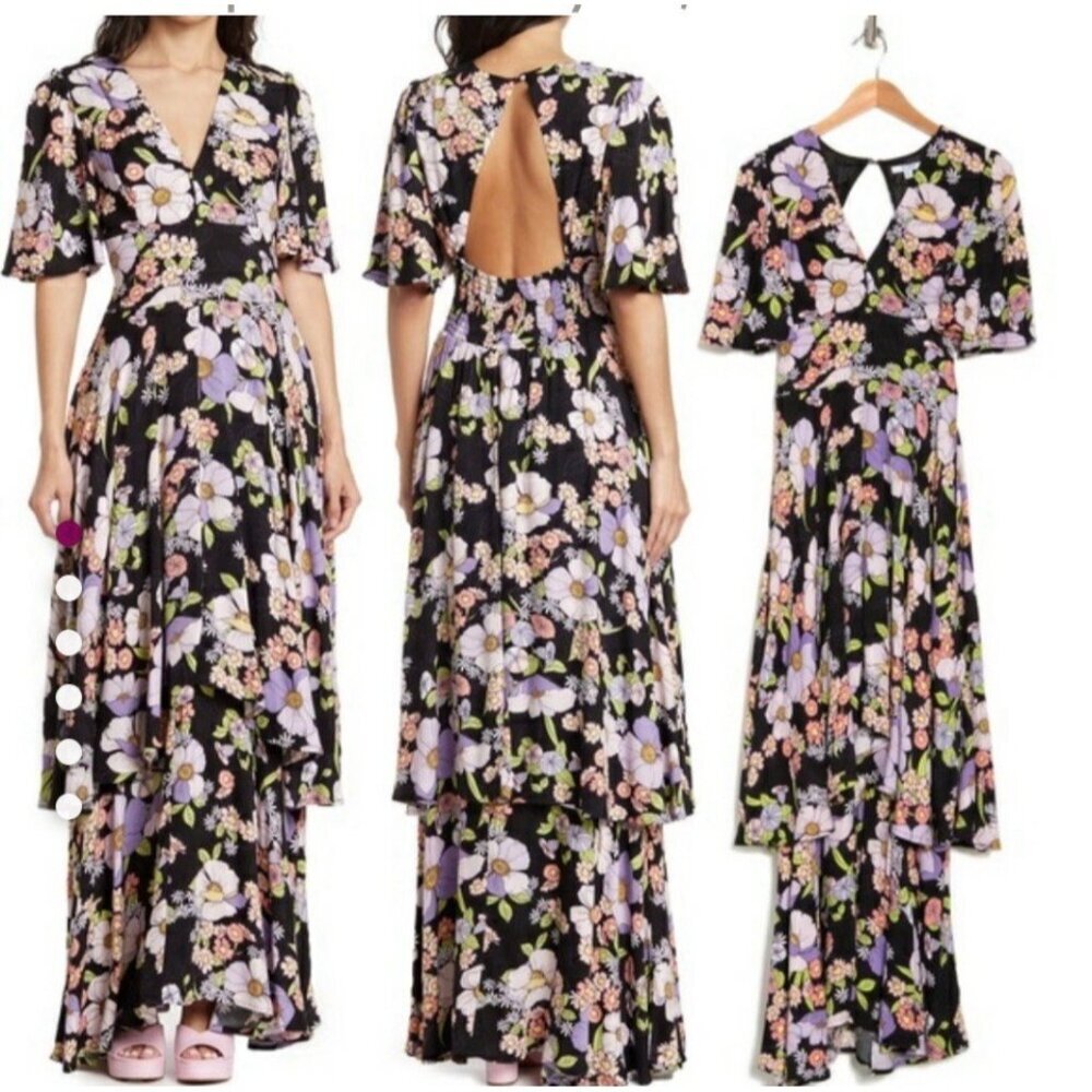 AFRM  Colorful Floral Open Back Maxi Dress,‎ Noir Summer Bouquet Size S Bohemian